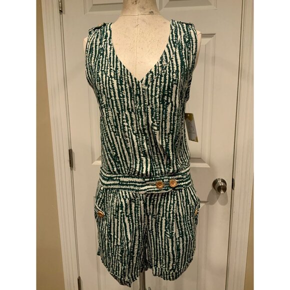 Ett Twa Anthropologie Dark Green & White Patterned V-Neck Romper, Size 0 (US) - Picture 1 of 8